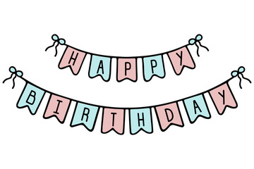 Garland. Banner for lettering - Happy birthday. Printed text, capital letters. Festive garland of pink and blue flags. Fastened with bows. Color vector illustration. Cartoon style. Isolated background