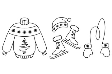 Collection of winter clothes. Sketch. Set of vector illustrations. Doodle style. Sweater with a spruce tree pattern, hat with pom-pom, figure skates and mittens with elastic. Woolen things 