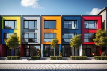 Modern modular private colorful townhouses. Residential architecture exterior