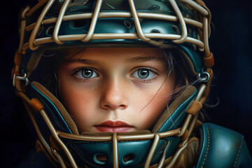 A painting of a young girls wearing a football helmet. Sports protective equipment.