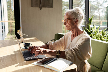 Serious senior woman concentrating on her online work on laptop while sitting at table in the...