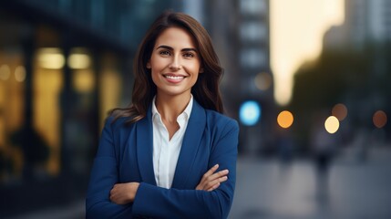Young confident smiling business woman standing on busy street, portrait. Proud successful female entrepreneur wearing suit posing with arms crossed look at camera in big city outdoors