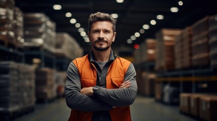 Portrait of worker warehouse standing in a retail warehouse full of shelves with boxes