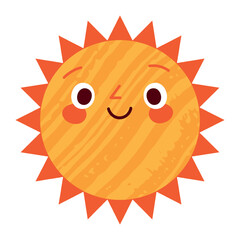 Sun character in cute style, face with a sticker. Sunshine with a smile for kids, doodled in a happy and fun way. Flat vector illustrations isolated in background.