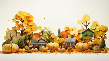 Naklejka na ściany i meble Toy houses with fall trees, outdoor season concept.