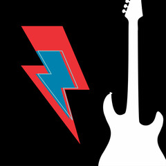 Thunderbolt symbol t-shirt design with the silhouette of a white guitar on a black background. Glam rock poster