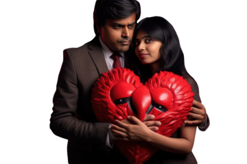 A Fictional Character Created By Generative AI. Loving Couple Holding Bird Mascot Heart Shape. Generative AI.