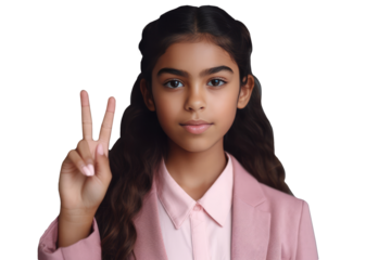 A Fictional Character Created By Generative AI. A Cool Teenage Girl Wearing Pink Suit and Pointing Two Finger up. Generative AI Character.