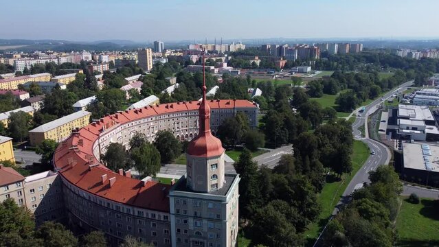 Ostrava Poruba drone video,  Socialist Realist architecture - Oblouk U-shape building, Czech Republic