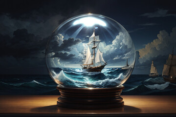 illustration of a sailboat in a glass ball