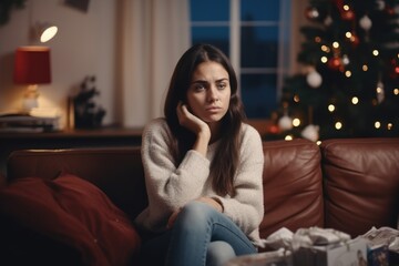 Obraz premium Sad woman alone at home for christmas, sitting on sofa in living room depressed. AI Generated