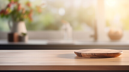 Fototapeta na wymiar Empty Beautiful wood table top and blur bokeh modern kitchen interior background in clean and bright, Ready for product montage