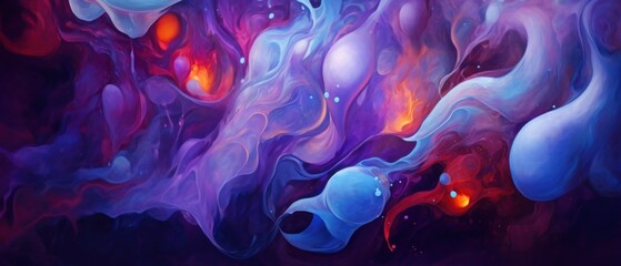 Obraz premium Fluid abstract liquid motion of atmospheric nebula clouds, celestial waves of rebirth in the cosmic ether, fire of life and colorful smoke fills the universe. 