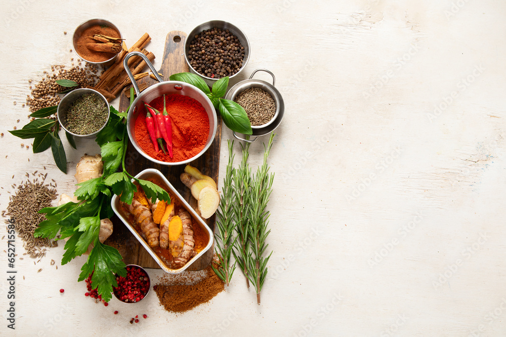 Sticker colourful various herbs and spices for cooking.