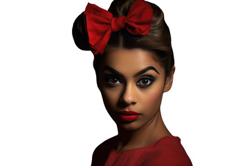 A Stylish Woman Portrait Wearing Red Dress and Bow in Her Hair. Fashion Character Generative AI.