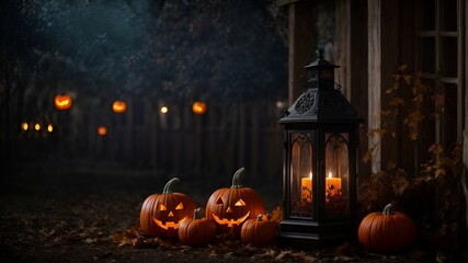 Halloween background with pumpkins and  lantern - a Halloween scene with pumpkins and a lantern at Night - Ratio 16 x 9  - Halloween background - Halloween wallpaper