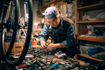 Expert Japanese Bicycle Repairman, Demonstrating His Exceptional Craftsmanship and Expertise, Ensures Perfect Repairs in His Fully Equipped Workshop

