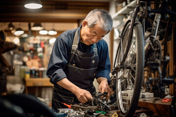 Expert Japanese Bicycle Repairman, Demonstrating His Exceptional Craftsmanship and Expertise, Ensures Perfect Repairs in His Fully Equipped Workshop

