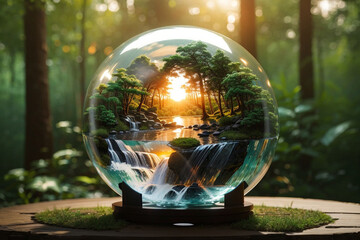 illustration of a waterfall in a glass ball