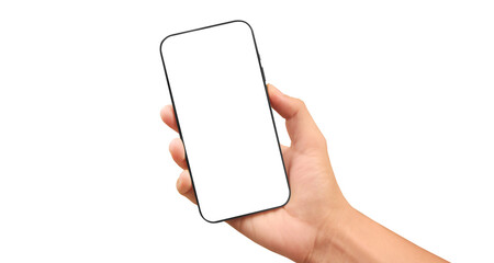 Hand holding smartphone device  touching screen - obrazy, fototapety, plakaty