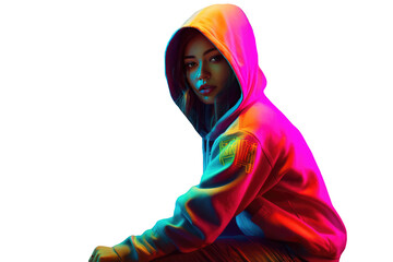 A Fictional Character Created By Generative AI.Attractive Young Girl Model Posing with Multicolored Hoodie. Generative AI.