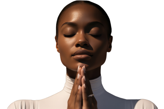 Young African Woman Portrait in Namaste or Prayer Pose with Eye Closed. Generative AI.