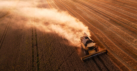 As the sun gracefully sets, a mighty combine harvester diligently reaps the rewards of a season's...
