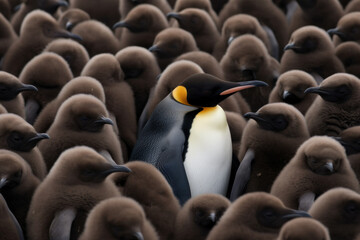 pingouin adulte au milieu de jeunes pingouins avec leur pelage de bébé - obrazy, fototapety, plakaty