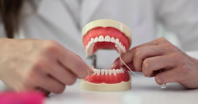 Jaw model with dental floss in dental clinic. Oral care