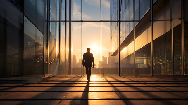 Step into the world of entrepreneurship with this compelling photograph. The scene features a determined entrepreneur standing at the threshold of a modern office building. The early morning sunlight