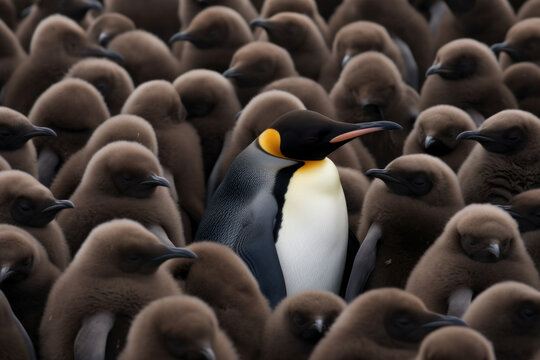 pingouin adulte au milieu de jeunes pingouins avec leur pelage de b&eacute;b&eacute;