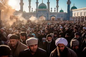Pilgrimage to the Blue Mosque: Devotees Visiting the Mazar-i-Sharif's Iconic Religious Site. Afghanistan muslim mosque

