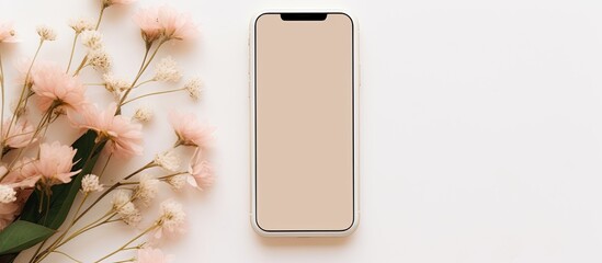 Minimalist lifestyle blog template with white floral branch on neutral pastel beige backdrop featuring copy space mockup for a blank screen smartphone