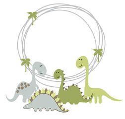 Vector wreath with cute dinosaurs. Hand drawn illustration