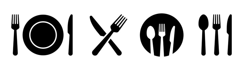 Fork, knife, plate and spoon. Menu symbol. Restaurant icon. Food, plate, fork, knife, spoon, cutlery icon set. Vector - obrazy, fototapety, plakaty