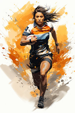 Female rugby player sprinting with the ball. 