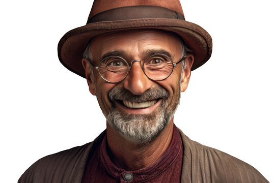 Closeup Portrait of a Smiling Senior Man Wearing Eyeglasses and Hat. Generative AI.