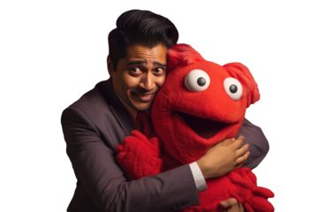 A Businessman Tied Hug to a Large Red Teddy Frog. Generative AI.