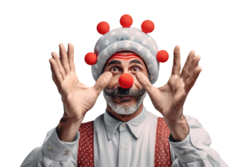 Funny Portrait of Clown Red Ball in Nose and Head. Generative AI.