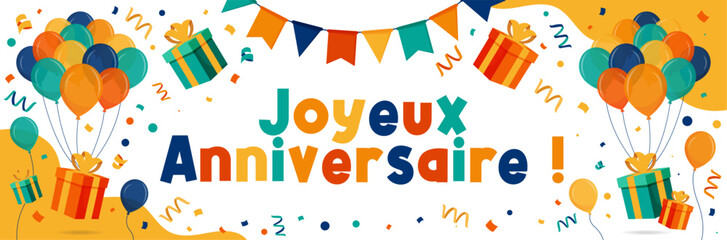 Joyeux anniversaire - Carte d'invitation sur le thème de l'anniversaire - Éléments vectoriels éditables colorés et festifs - Couleurs joyeuses - Cadeaux, ballons, cotillons, fanions, confettis