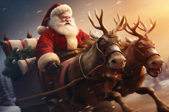 Father Christmas riding on a sleigh being pulled by reindeers during the December winter festive season, he is also known as Santa Claus or Saint Nicholas, Generative AI stock illustration image