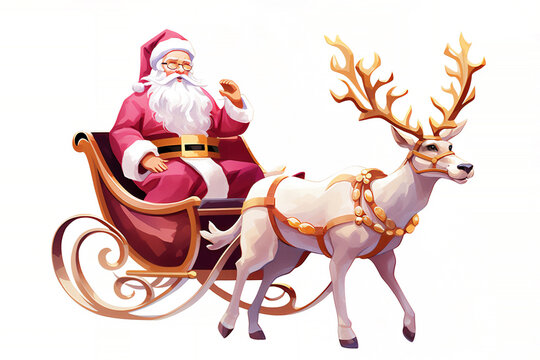 Father Christmas riding on a sleigh being pulled by reindeers during the December winter festive season, he is also known as Santa Claus or Saint Nicholas, Generative AI stock illustration image