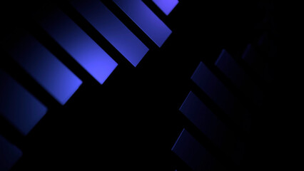 Blue and green stripes. Design. Black background with stripes that go down and up in different directions in 3d format.