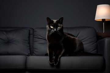 Portrait of a black cat sitting on a sofa at home.