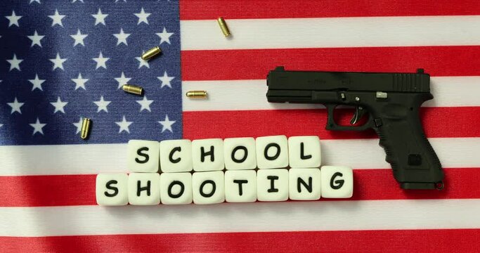 USA flag with the word School shooting and gun. Murder in an American school