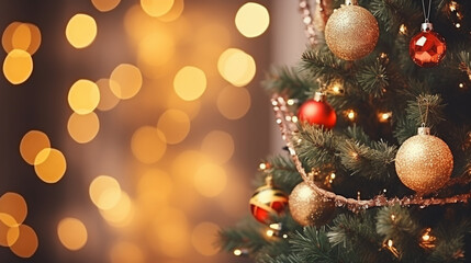 Sparkling Lights and Decorations Adorning a Festive Tree, New Year's preparations, with copy space