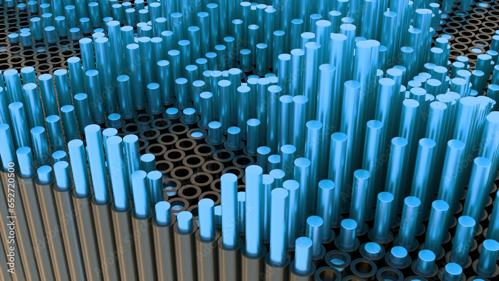 Poster 3d background with retractable metal columns. design. round 3d columns move up and down in space. co