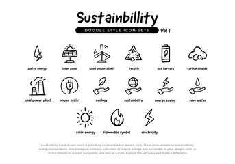 Set of sustainability green energy and ecology doodle hand drawn line icons. Volume 1 of Icons set for renewable energy, green technology and ecology. vector illustration - obrazy, fototapety, plakaty