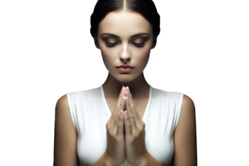 Gorgeous Young Caucasian Woman Portrait with White Sleeveless Dress in Namaste or Prayer Pose and Eye Closed. Generative AI.