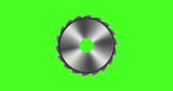 Rotation of a steel rotary saw blade, 4K animation on green screen.